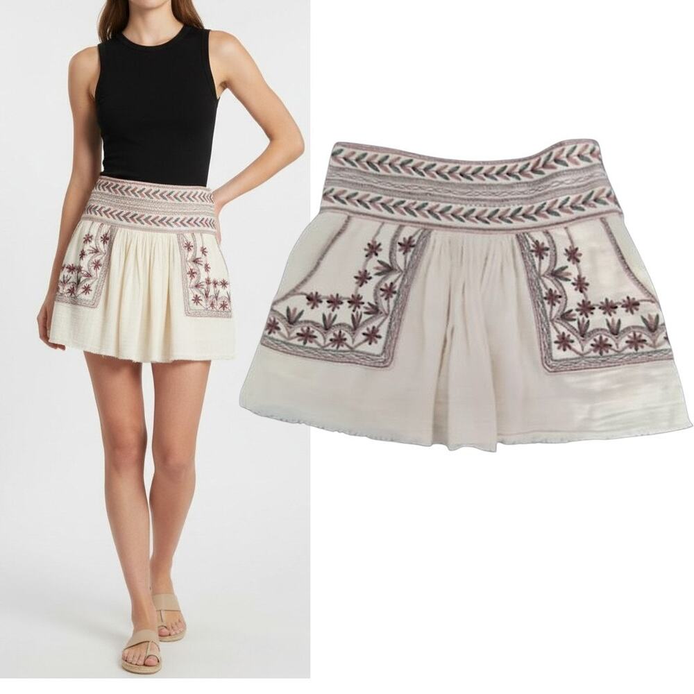 Isabel Marant Etoile Embroidered Boho Mini Skirt Sz S Ivory Cotton Gauze Pocket